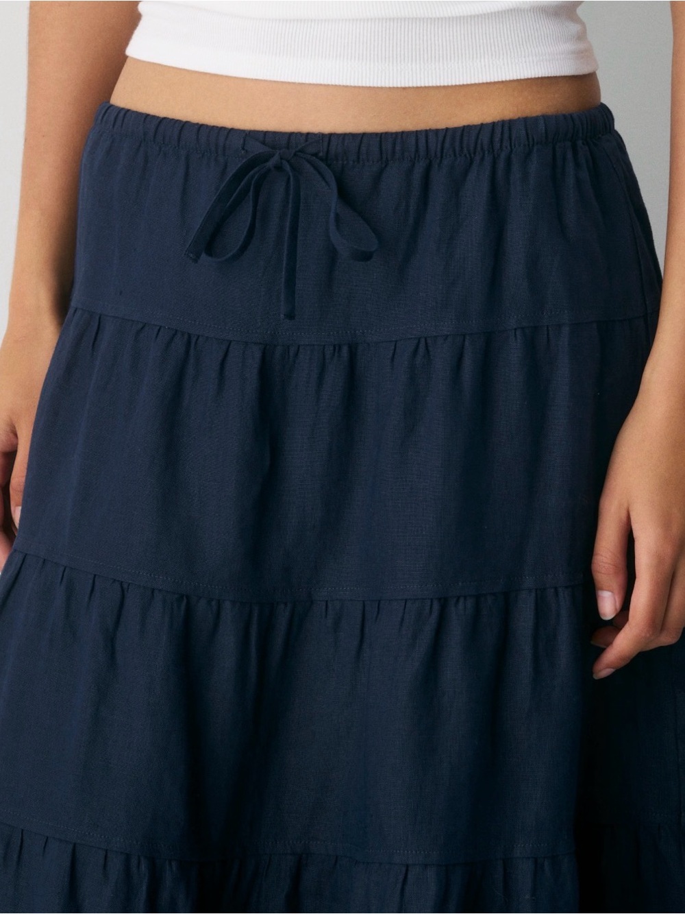 Bay Studios L Linen Cotton blue elastic waist tiered lagonlook boho midi skirt